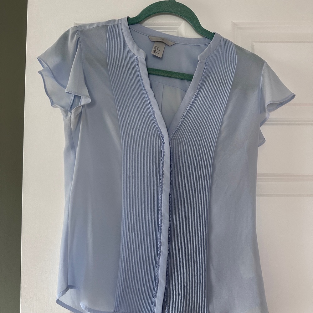 H&M Blue Short Sleeve Ruffled Blouse with Mandarin Collar